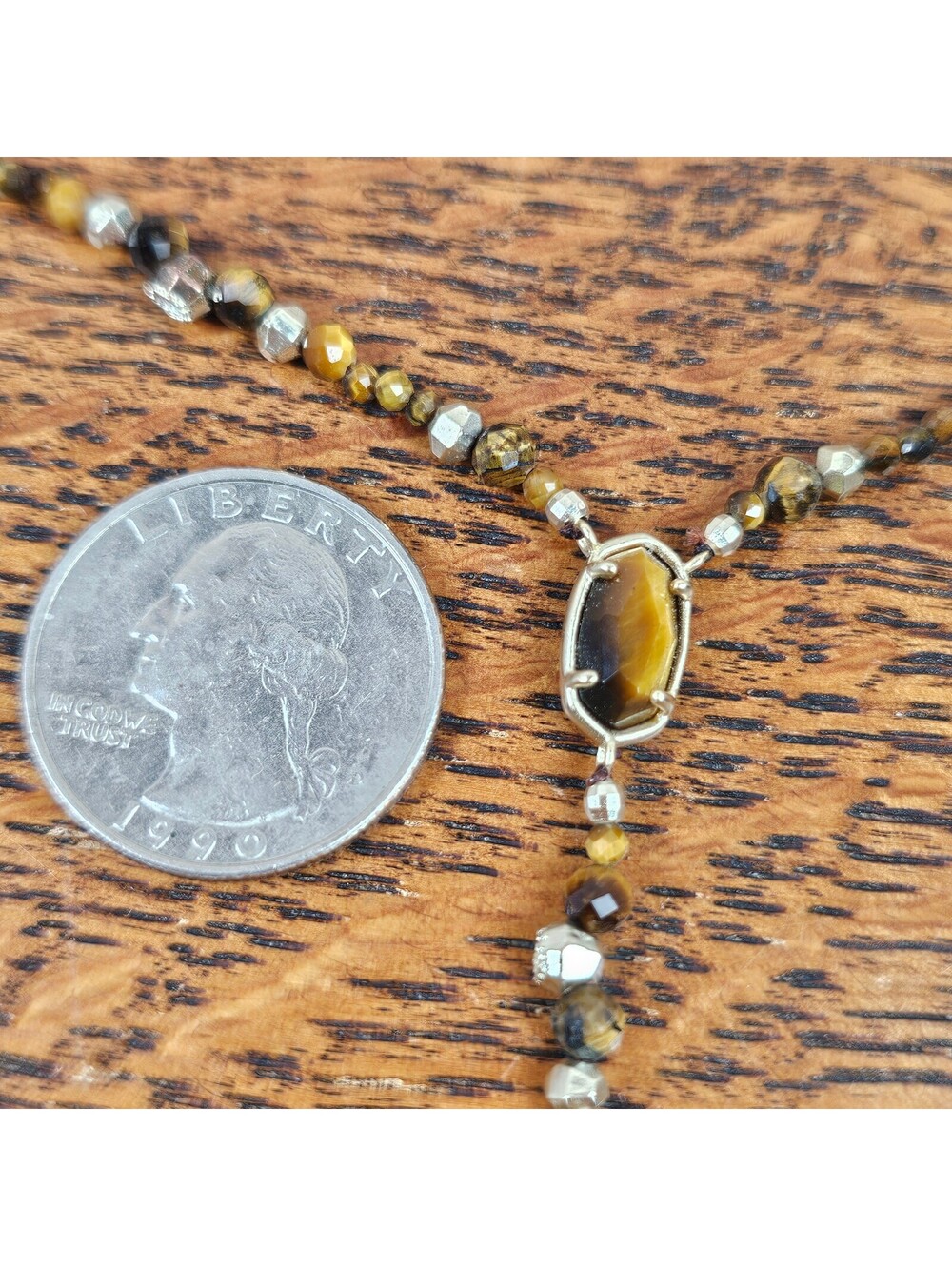 Kendra Scott Tiger Eye Beaded Y Necklace Gold Tone Station Pendant 20 Inch - Picture 7 of 9